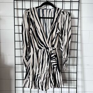 Zara Zebra Print Wrap Around Romper Mini Dress Womens M Black Cream‎ Boho
